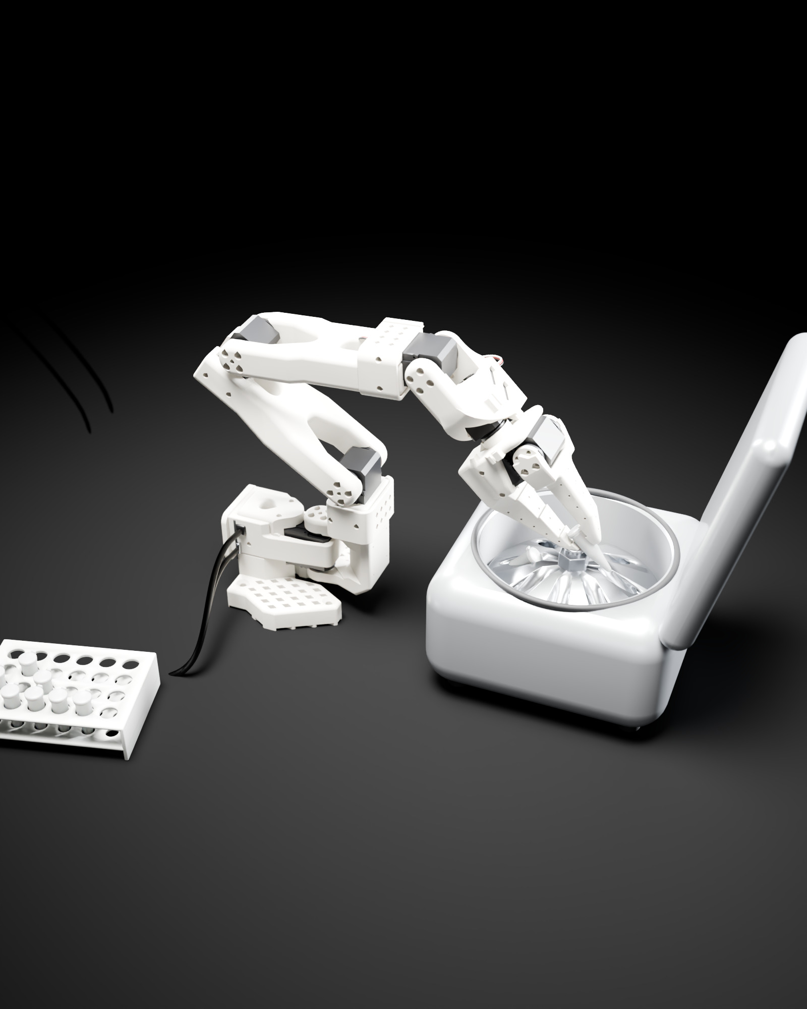 SO-101ロボットアームがマイクロチューブを把持し、蓋の開いた卓上遠心機のローターに挿入しようとしている3DCGのコンセプトビジュアル。手前にマイクロチューブラック。